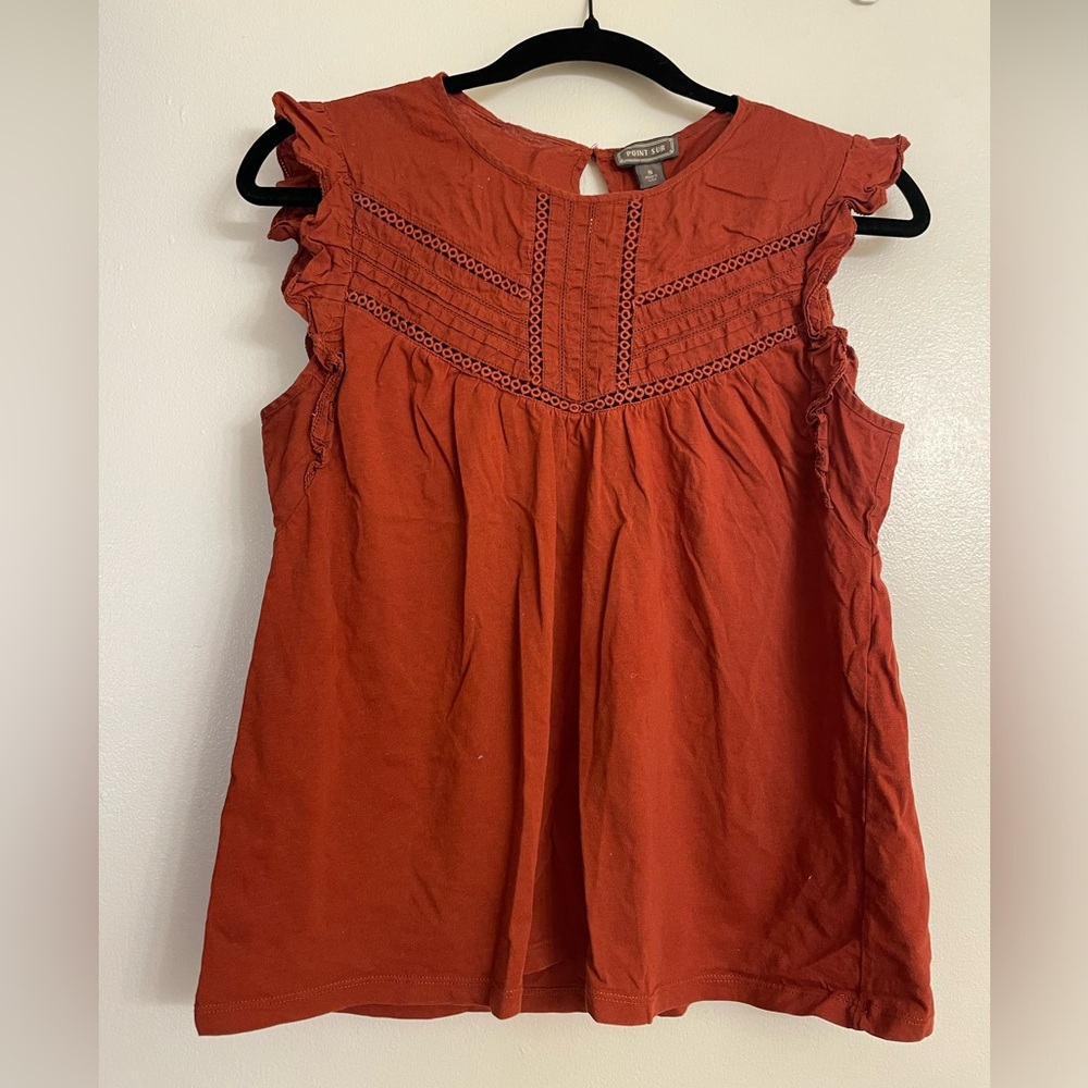 Point Sur red tank ruffles and embroidery